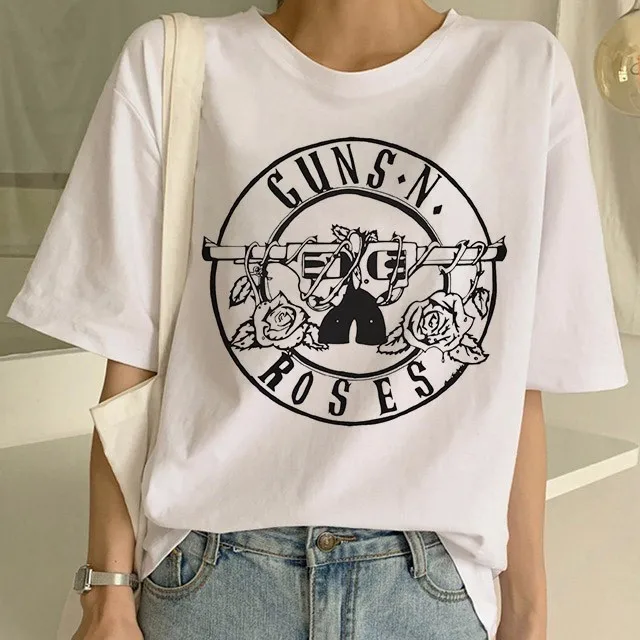 Модная футболка в стиле панк с принтом Guns N Roses Женская белая женские топы уличном