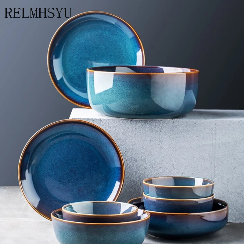 

1PC RELMHSYU Nordic Style Ceramic Retro Solid Color Household Round Steak Dessert Dishes Rice Soup Noodle Dinner Plate Tableware