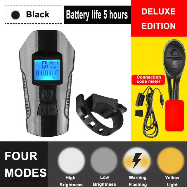 Deluxe Black 3 в 1 светильник для горного велосипеда с зарядкой от usb, велосипедный передний светильник, светильник-вспышка на руль, велосипедный головной светильник, измеритель скорости, ЖК-экран - Цвет: Deluxe Black