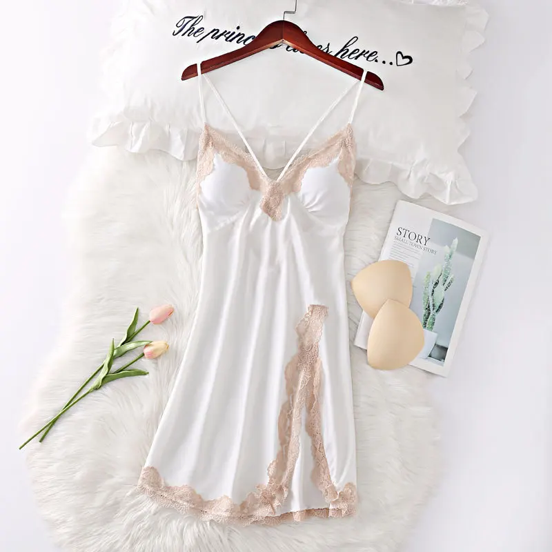 

White Sexy Split Sleep Dress Lace Trim Spaghetti Strap Sleepwear Women Satin Home Dress Summer Mini Nightdress Home Clothes