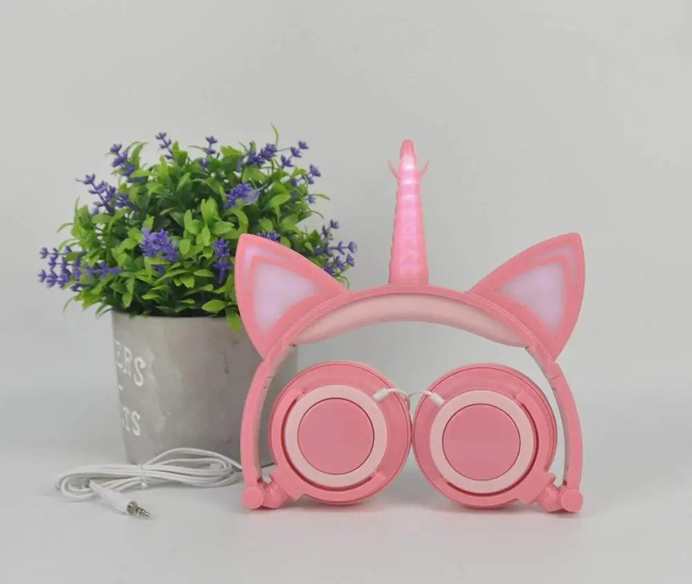 LIMSON складные Проводные милые мигающие розовые наушники с кошачьими ушками и