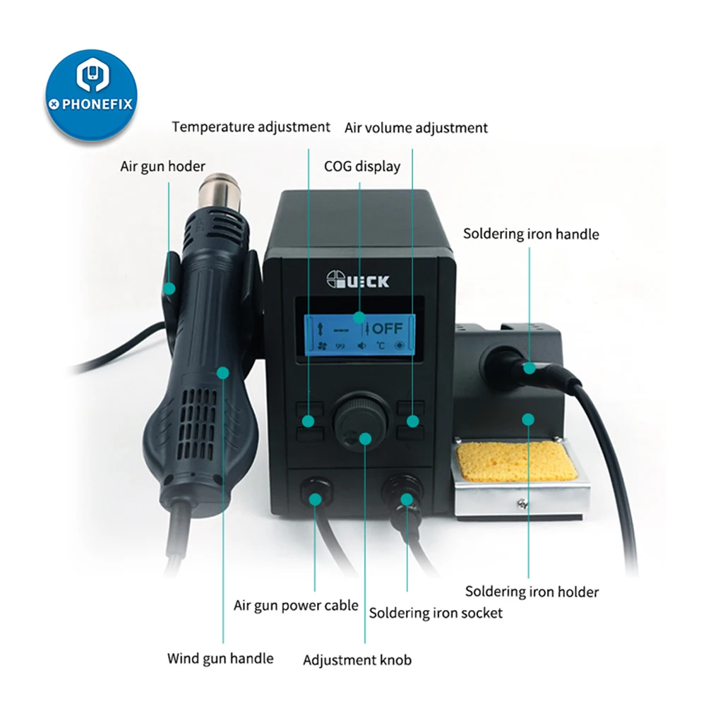 

QUICK 715 2 In 1 SMD BGA Rework & Soldering Station Quick 2008 Hot Air Gun + 936A Soldering Iron Electric Tips Combination