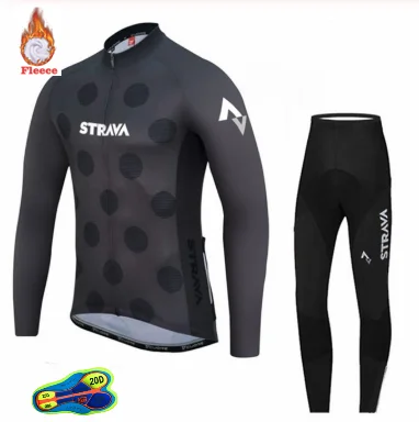 Зима strava Команда с длинным рукавом Велоспорт Джерси велосипед брюки набор Мужские Ropa Ciclismo тепловой флис Би Велоспорт 20D гель pad - Цвет: Long sleeve Suit 15