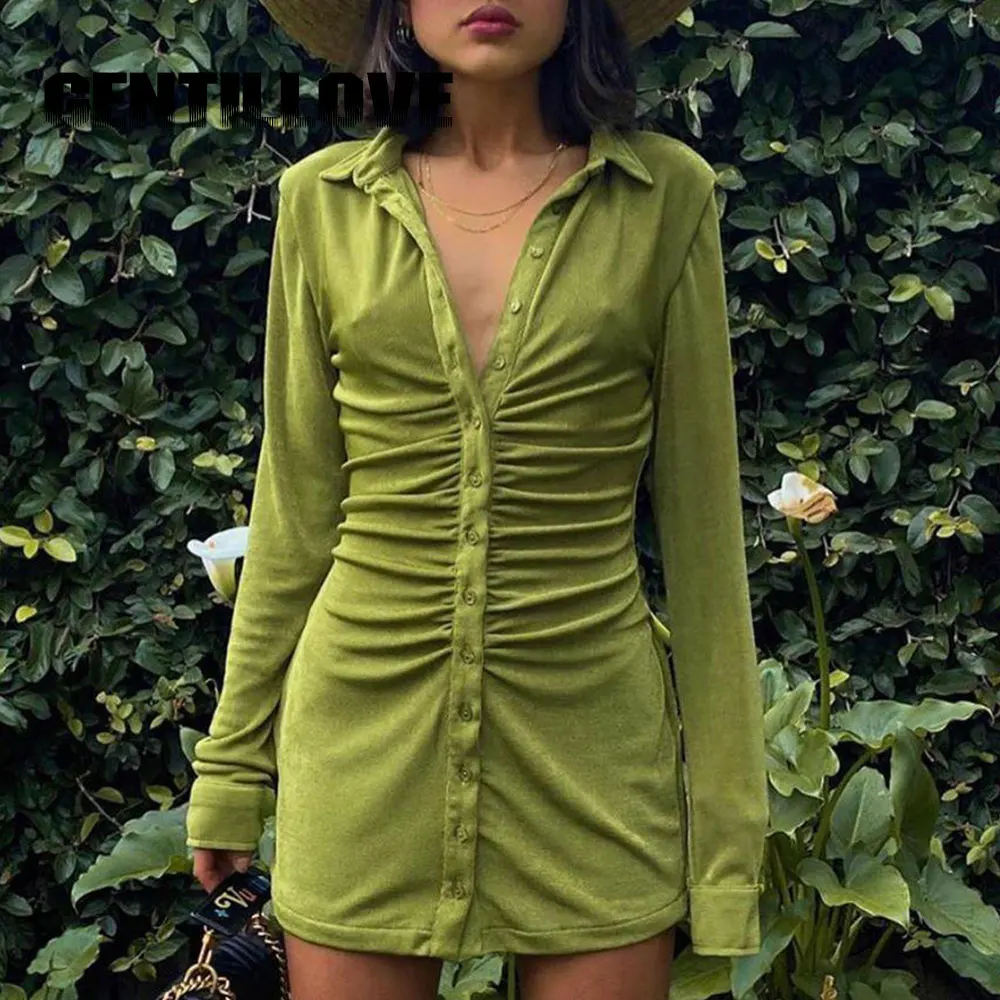 

Gentillove Women Pleated Knit Turn-Down Collar Long Sleeve Spring and Summer Casual Street Style Buttons Blouses Mini Dress