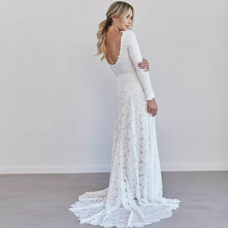 Купи Vintage Lace Modest Wedding Dress 2020 Long Sleeves Simple Boho Wedding Dress Low Back vestido de noiva robe de mariee mariage за 4,413 рублей в магазине AliExpress