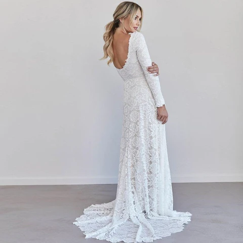 Винтажное кружевное скромное свадебное платье 2020, простое свадебное платье с длинным рукавом в стиле бохо, свадебное платье с низкой спиной, свадебное платье