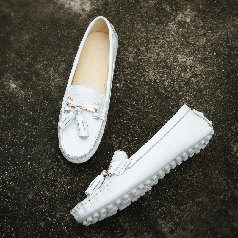 

Lady Genuine Leather Shoes Chic White Shoes Womens Sweet Office Lady Flat Shoes Spring Autumn New Round Toe Bow Shallow Loafers