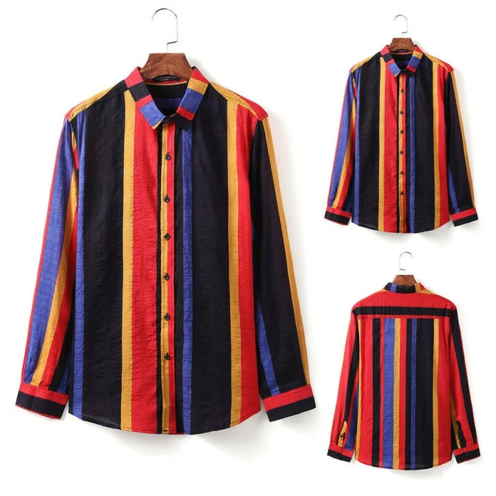 

Men Multicolour Stripe Casual Long Sleeve Loose T-Shirt Tops Summer Party Shirt