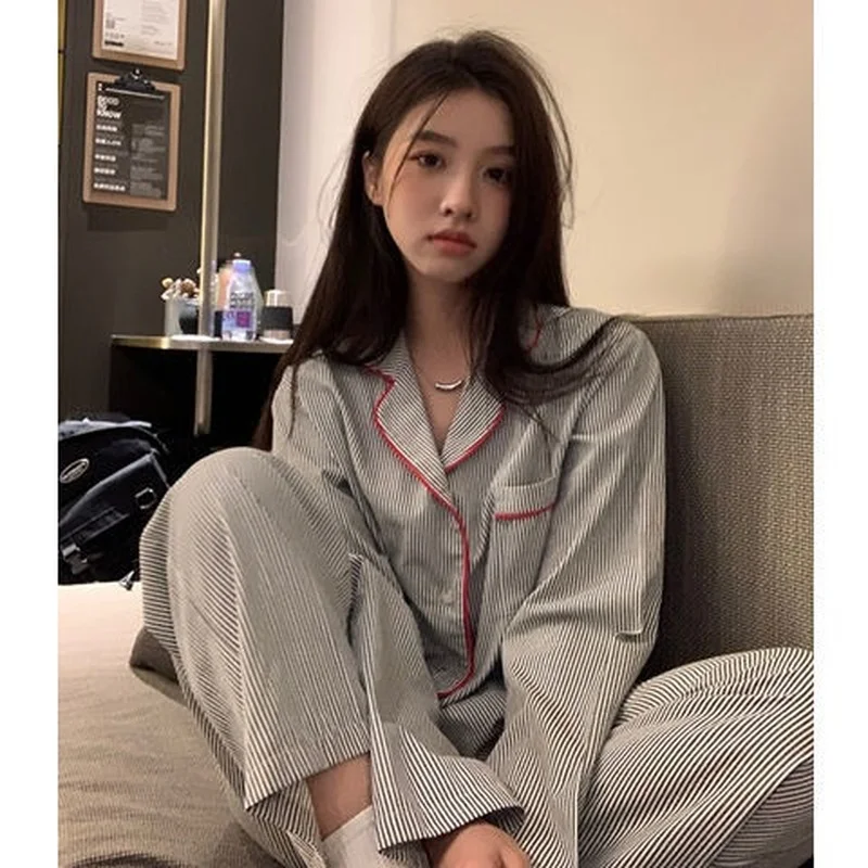 QWEEK Striped Women's Pajamas Autumn Female Set Woman 2 Pieces Sleepwear Long Sleeve Nightwear Brief Pijama Loungwear Home Suit
