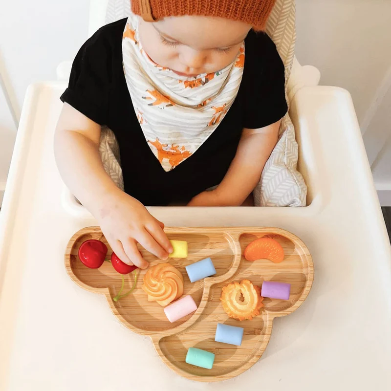 6PCS/Set Baby Silicone Tableware Food Grade Silicone Bowl Waterproof Spoon Bamboo Wood Dinner Plate  Feeding Cup Baby Products