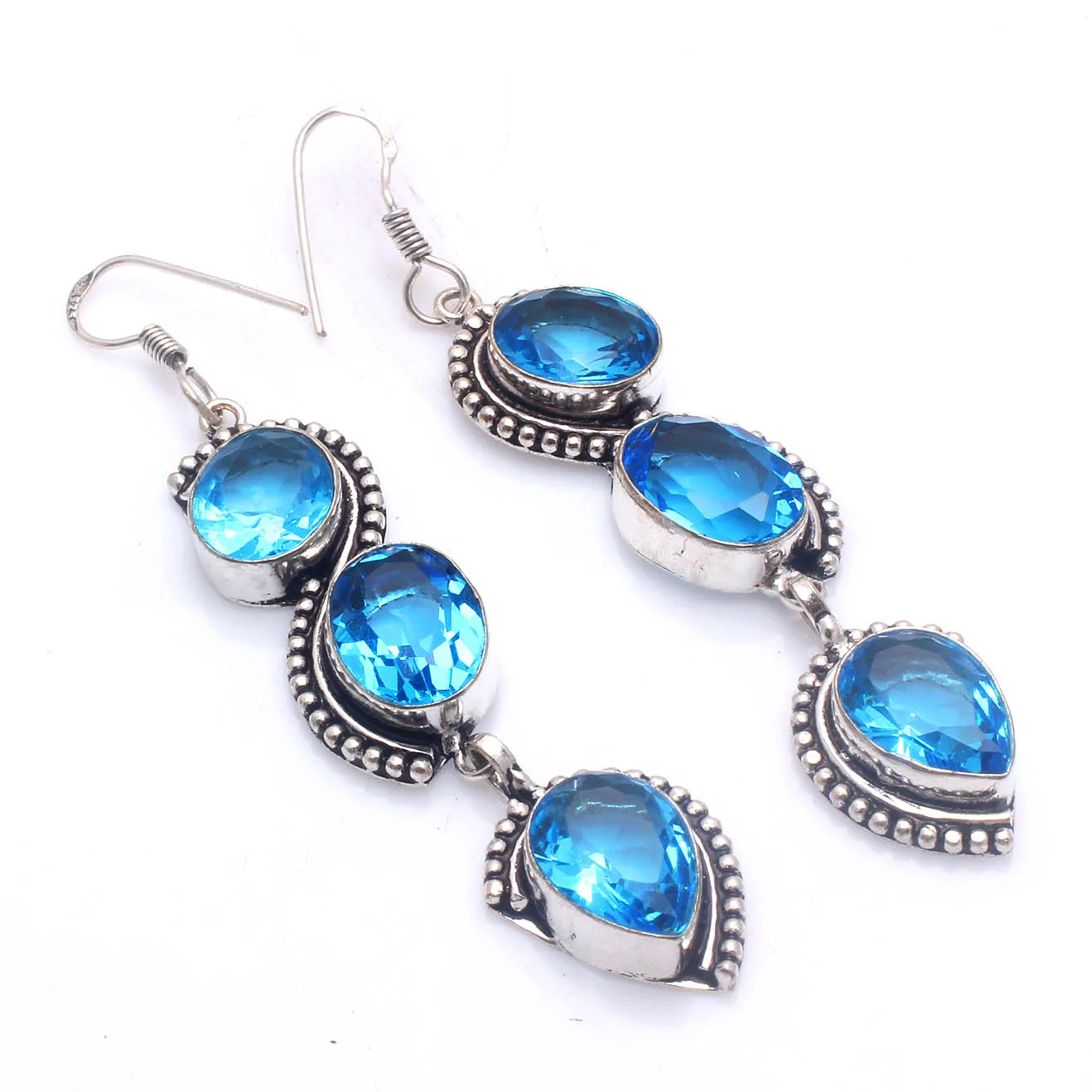 

Genuine Blue Topaz Silver Overlay on Copper Earrings ,Hand made Women Jewelry Gift , 80 mm, E5798
