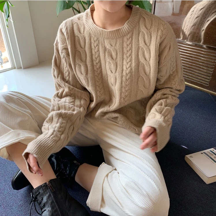 

Women Twisted Striped Pullovers Sweater Vintage O-neck Autumn Winter Casual Loose Jumpers Female Knitted Sweater 2020 JK442