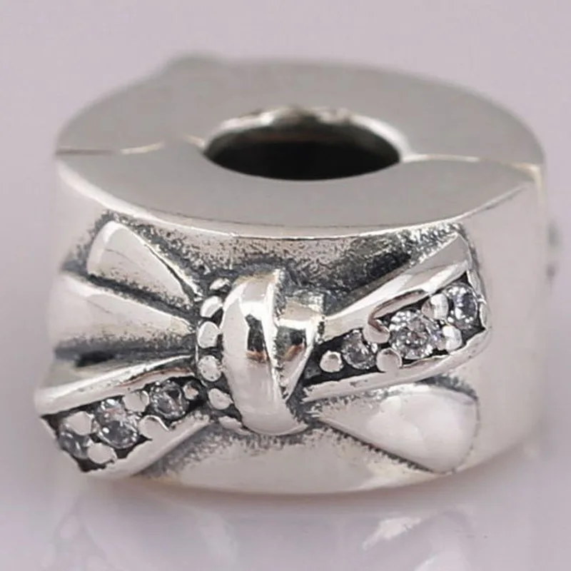 

100% 925 Sterling Silver Charm Round Bow Clip Fit Pandora Women Bracelet & Necklace Diy Jewelry