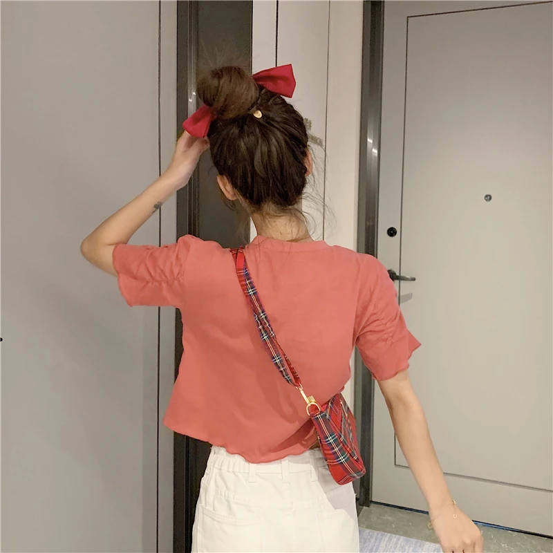 

Solid O-neck Short Sleeve Casual Tee Sweet Style Loose T Shirt for Women Clothing Korean Folds Ladies Tops Summer Fashion Brand