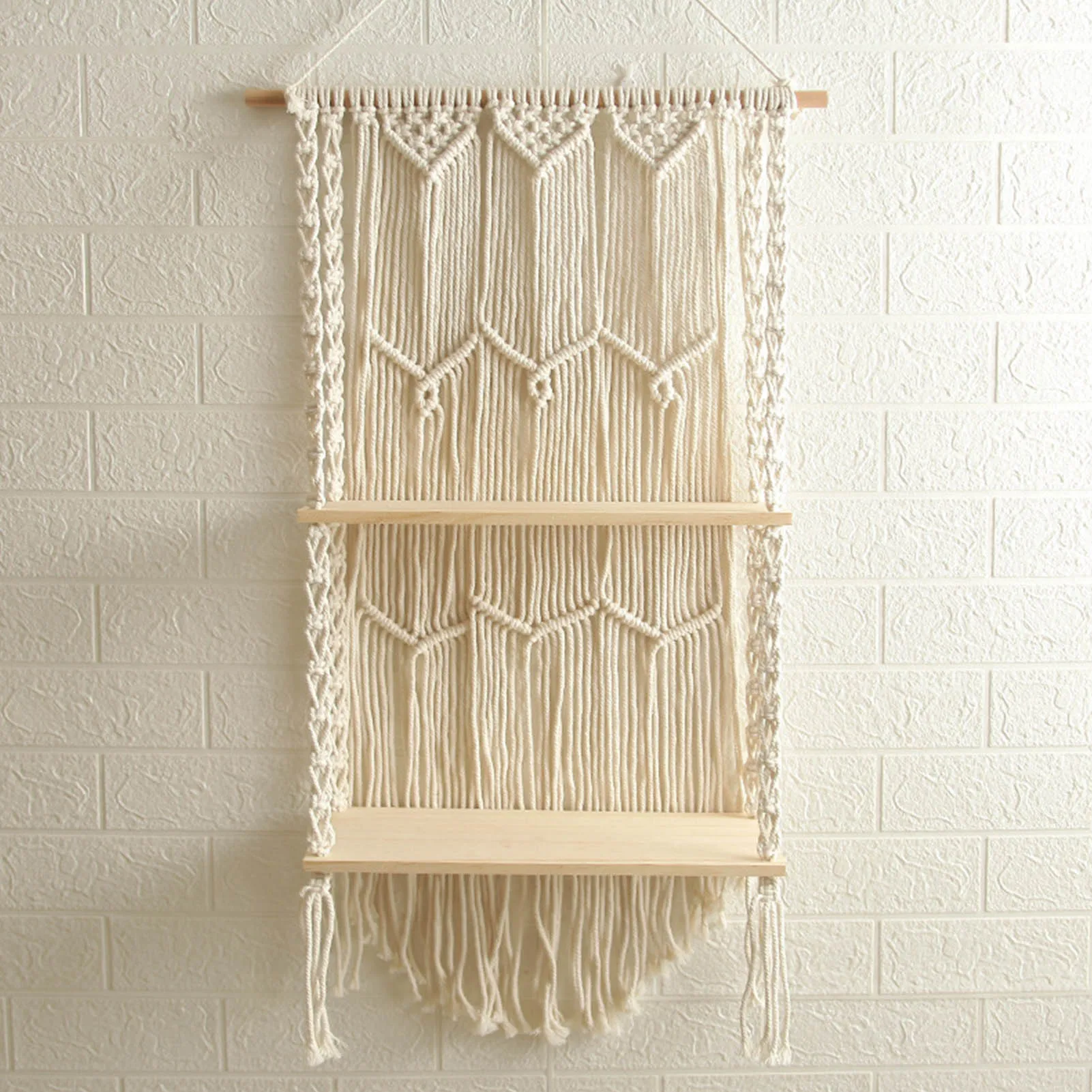 

1 PC 44x85CM Hand-Woven Macrame Tapestry Rack Wooden 2 Shelves Wall Hanging For Bohemian Decoration Boho Decor Ornament