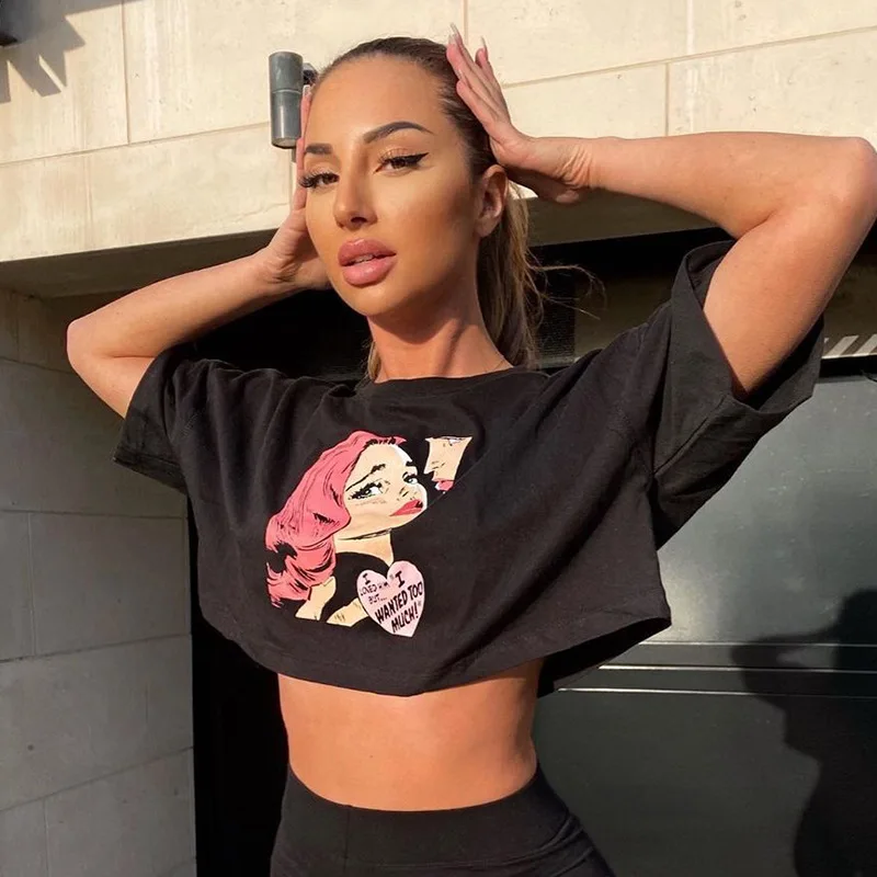 

Anime character printed short-sleeved T-shirt loose top 2021 summer new casual black sexy short top with belly trend T