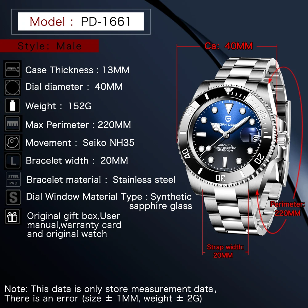 

PAGANI DESIGN Men's Automatic Mechanical Wristwatch Stainless Steel Divers Watch Sapphire Glass Men Watches Reloj Hombre NH35