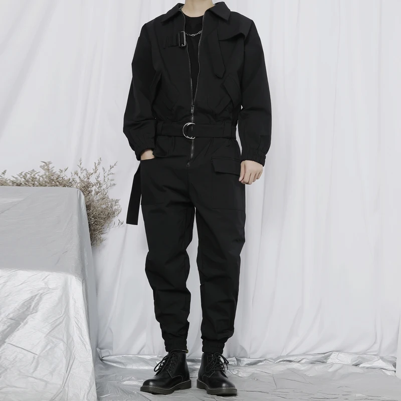 Men's new black classic jumpsuit overalls with multiple pockets and loose foot oversized jumpsuit