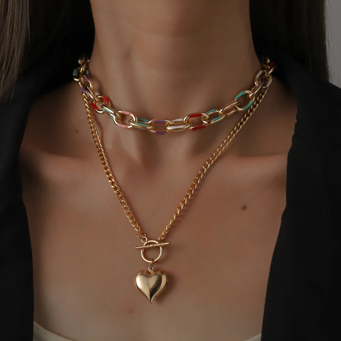 

INS New Rainbow Love Double-layer Clavicle Chain Personality Exaggerated Color Dropping Oil Metal Necklace for Women Girls Gifts