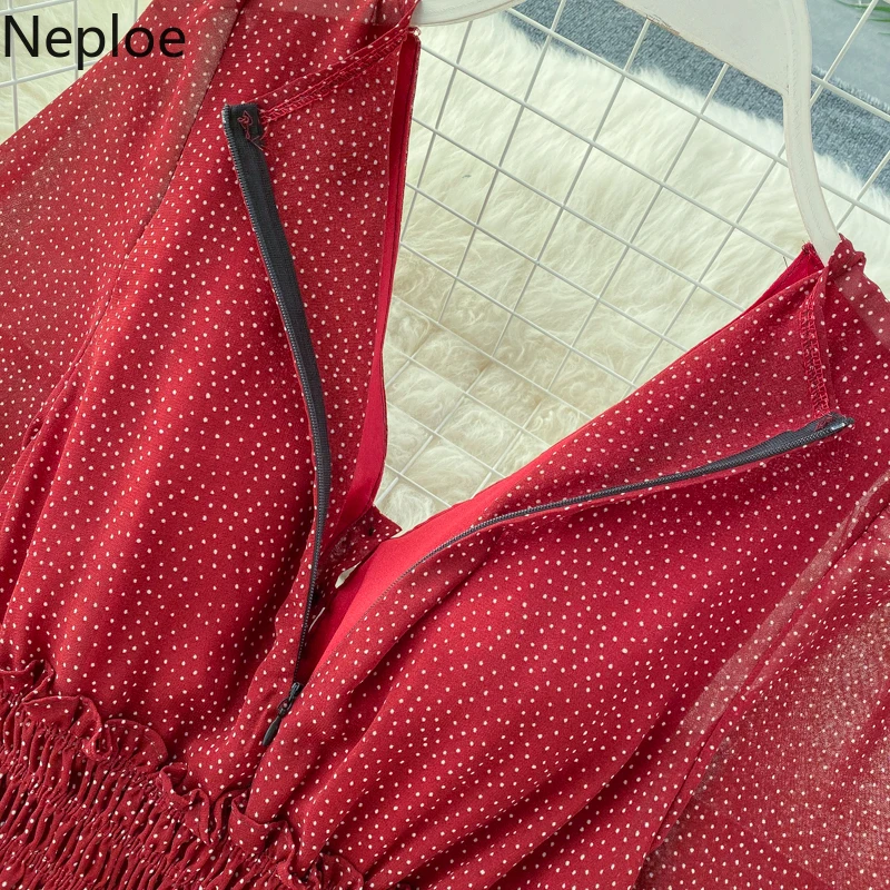 Женское шифоновое платье в горошек с v образным вырезом и высокой талией