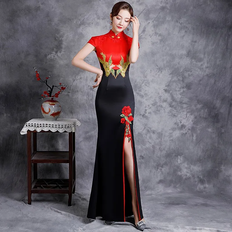 Elegant Slim Plus Size Embroidery Qipao New Chinese Female Mermaid Dress Mandarin Collar Vintage Lace Applique Cheongsam S-3xl