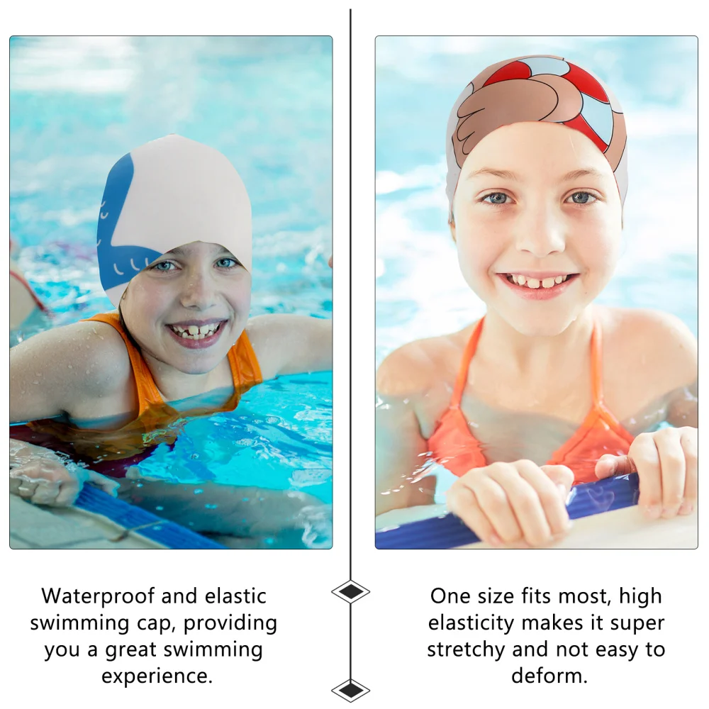 

2pcs Kids Cartoon Printed Silicone Swim Cap Ear Protection Hats Swimming Caps
