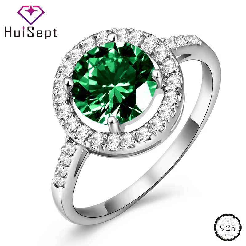 

HuiSept 925 Silver Jewelry Women Ring with Emerald Zircon Gemstone Finger Rings for Wedding Party Promise Gift Accessorie