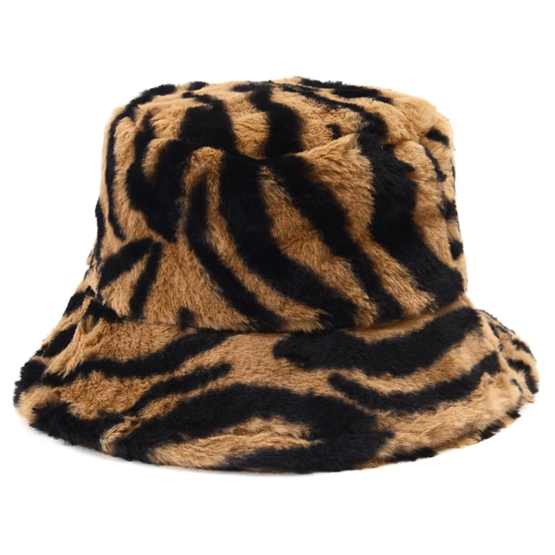 

Autumn Winter Zebra Stripes Bucket Hats For Women Girl Outdoor Vacation Windproof Fisherman Hat Lady Fashion Warm Velvet Panama