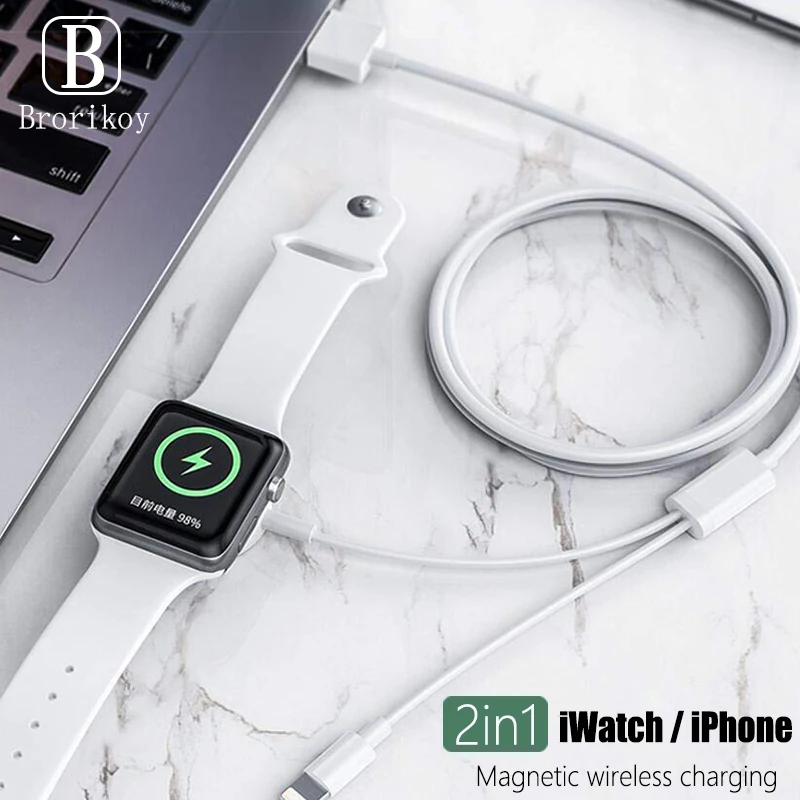 Беспроводное зарядное устройство для iPhone X XR 6 7 8 Plus Apple Watch Series 1 2 3 4 Магнитный зарядный кабель 2 в 1 3,3 футов/1 метр
