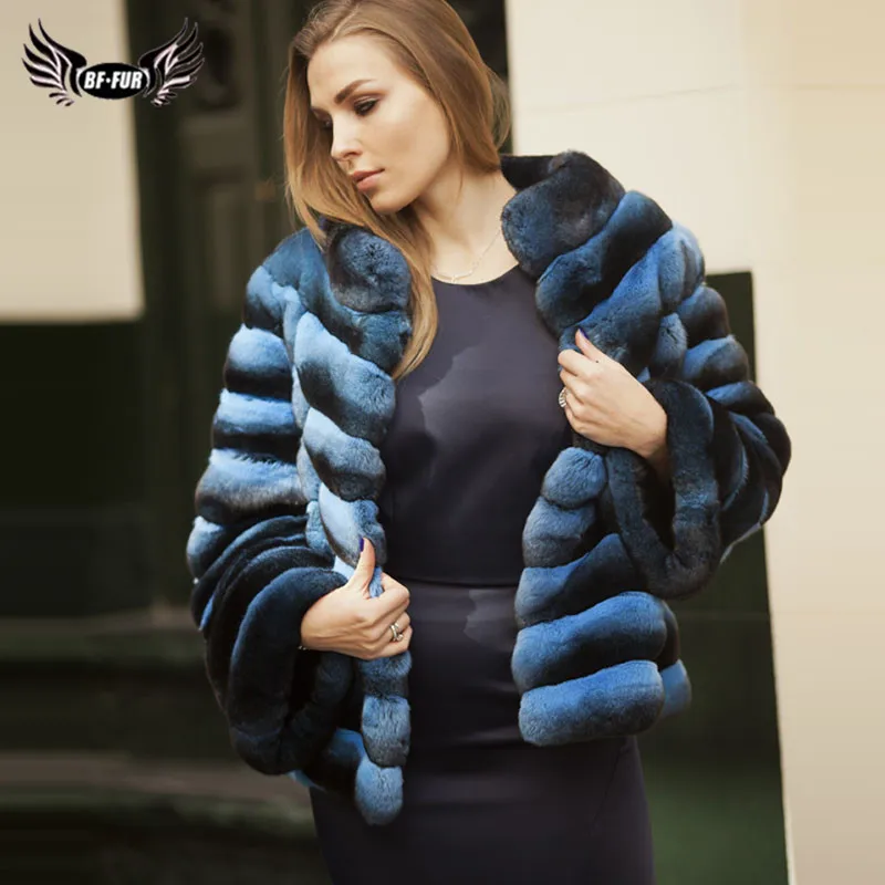 BFFUR Women Real Rex Rabbit Fur Jackets Whole Skin Natural Rabbit Fur Coats Chinchilla Color Plus Size Fur Coat Outwear Female