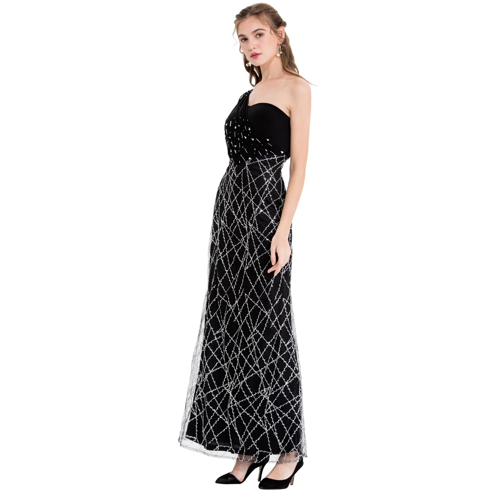 Angel-fashions Women's One Shoulder Evening Dresses Pleat Beading Sequin Mermaid Party Gown Black 391