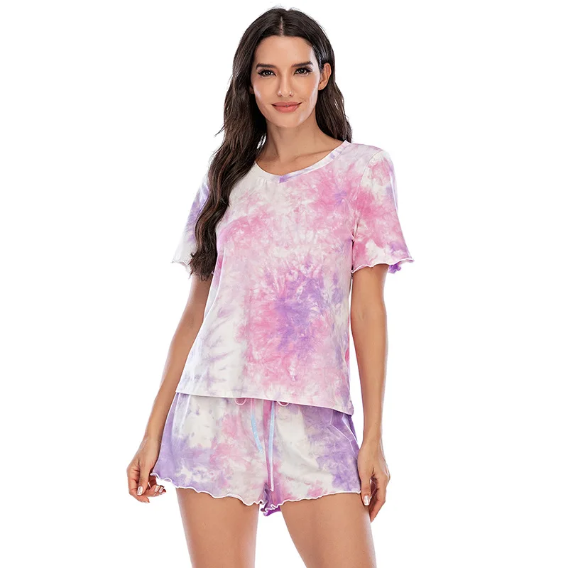 Spring and Summer Women's Pajamas Tie-dye Short-sleeved Shorts Comfortable Cool and Breathable Home Service Sleepwear Sleep Tops