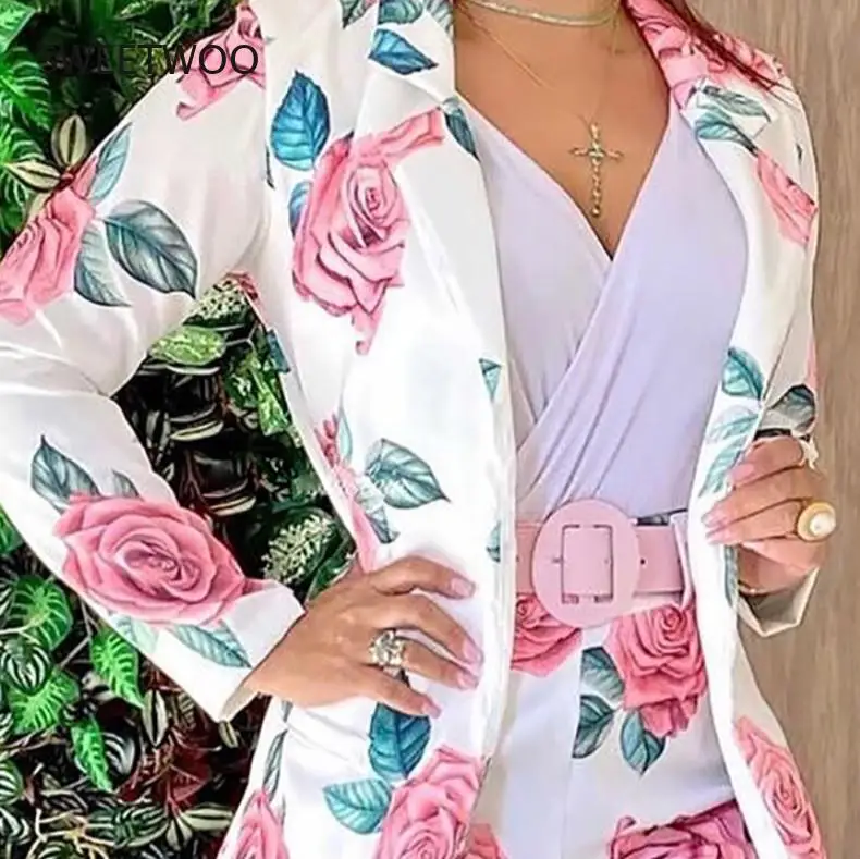 

Summer Women's 2-Piece Floral Print Sexy Suit Casual Long-Sleeved Suit Jacket and Shorts Suit