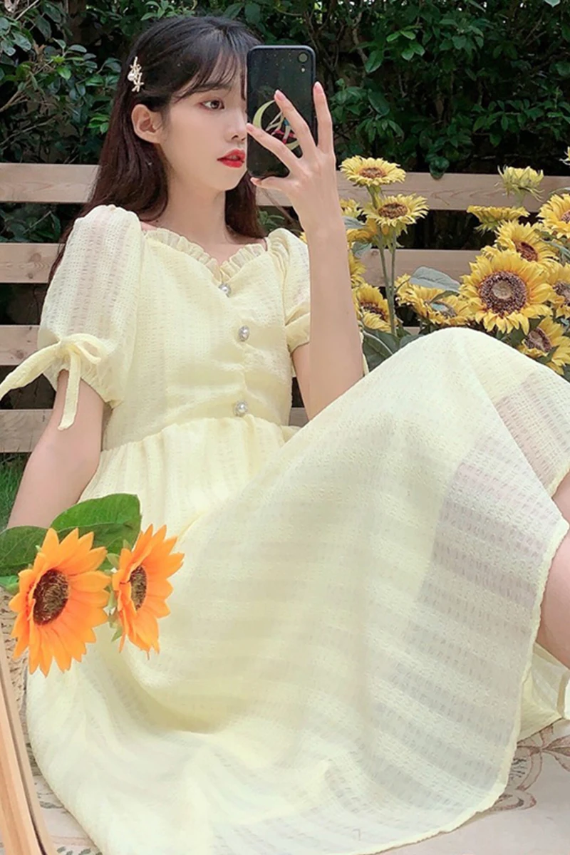 

Sweet Hipster Square Collar Puff Sleeve Elegant Medium-Length Skirt 2020 Summer New French Non-Mainstream fairy dress