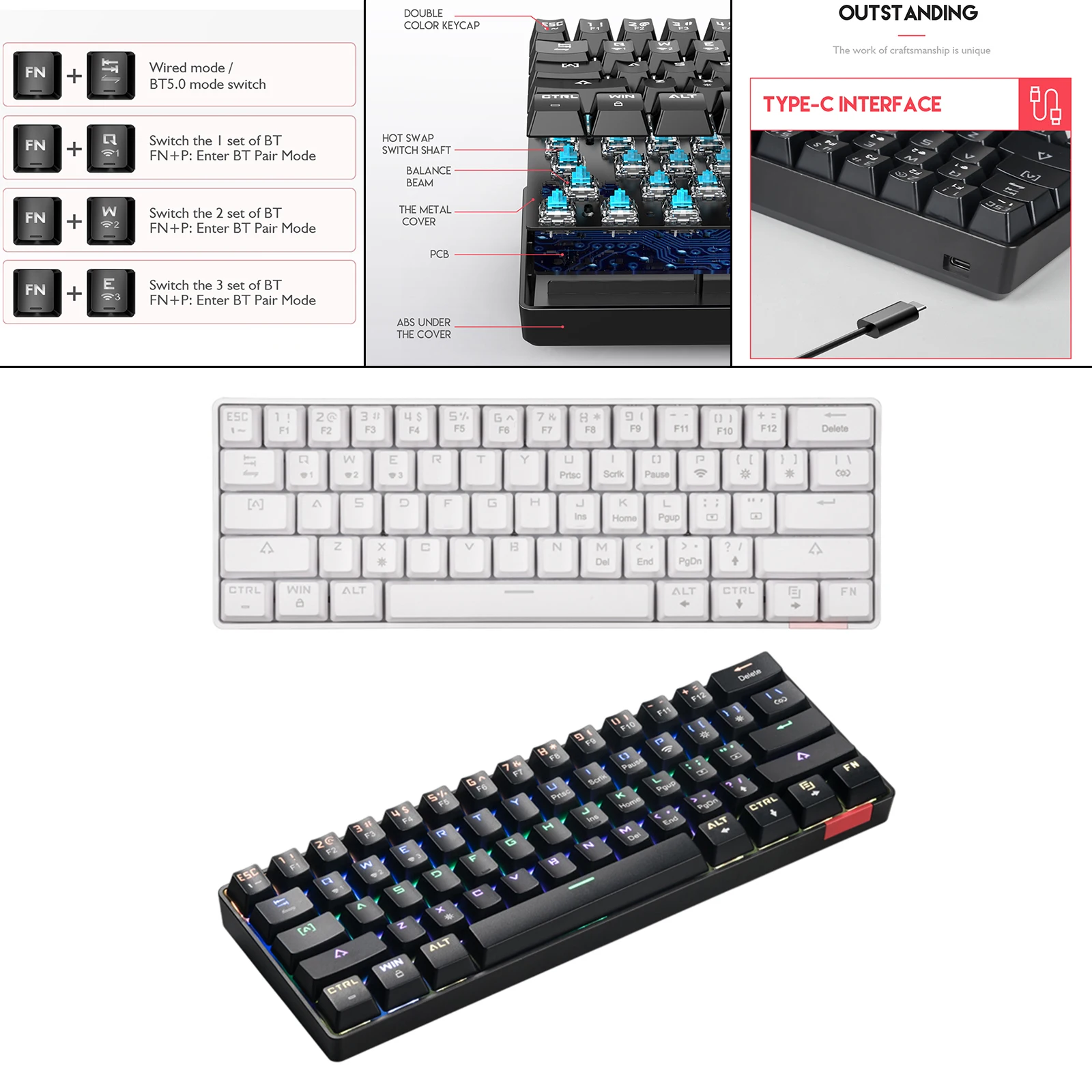 

61 Key Wired Bluetooth Type C Gaming Keyboard 12 RGB Lighting Effects Blue Axis Waterproof for Desktop PC Laptop