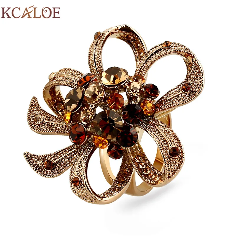 Женское кольцо с большим цветком KCALOE розовое золото модное цветное круглое