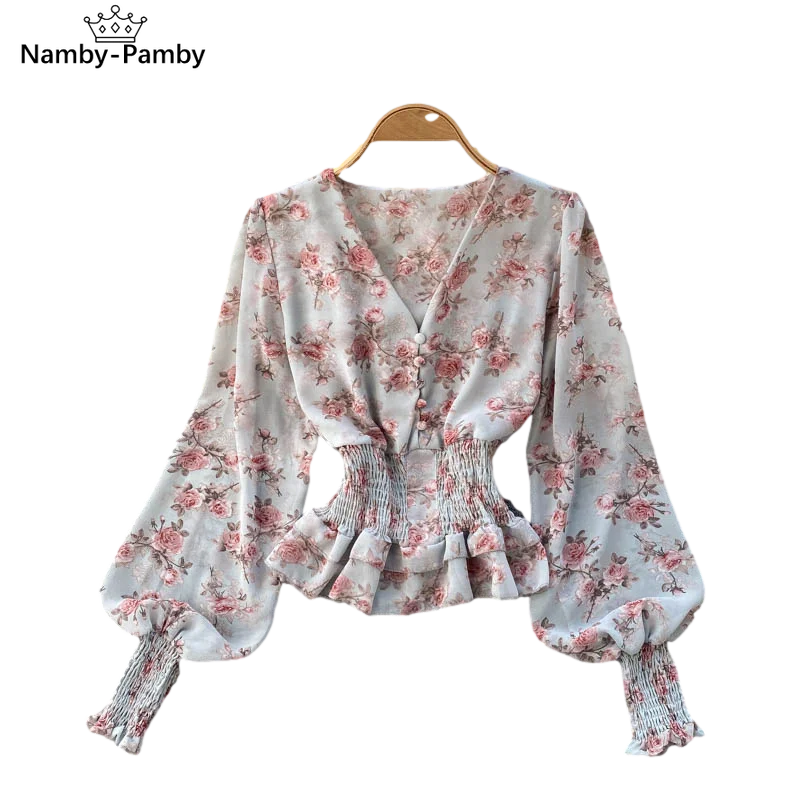 

2021 New Spring French Retro Sweet Floral Blouse Female Cross V-neck Puff Sleeve Blusa Elastic Waist Shirt Women C757