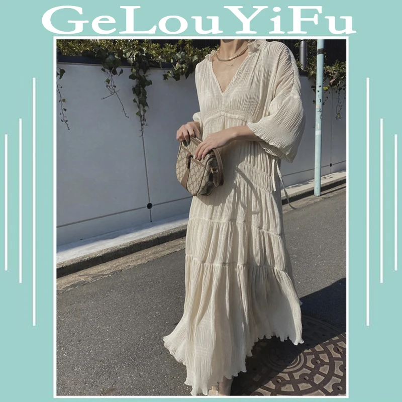 

Платье-Макси женское до пола, винтажное элегантное пляжное платье с длинным рукавом, в стиле бохо, для отдыха и офиса, уличная одежда