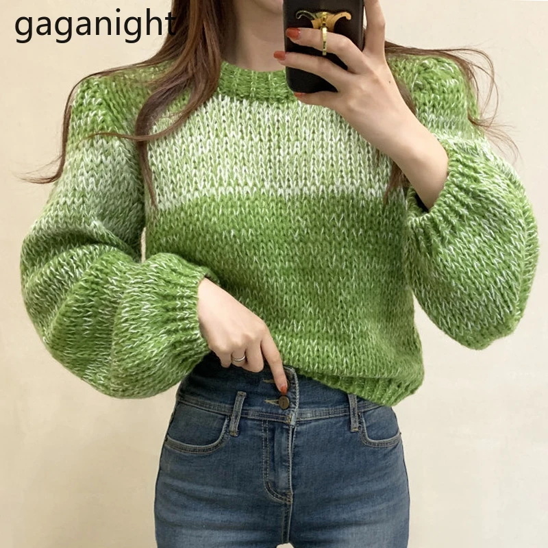 

Женский свитер Gaganight, новинка сезона осень-зима 2021, корейский шикарный пуловер в стиле ретро с градиентом и круглым вырезом, свободный толст...