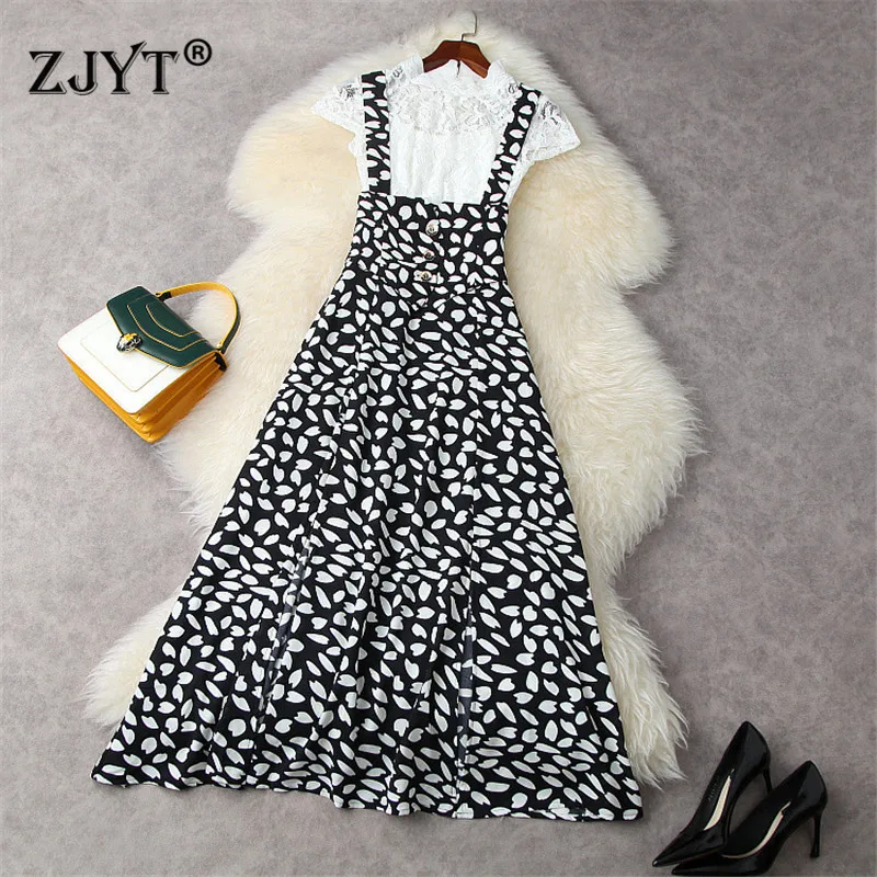 

Женский Дизайнерский Костюм из 2 предметов, белая кружевная рубашка с коротким рукавом и длинное платье на бретельках с принтом, уличная оде...