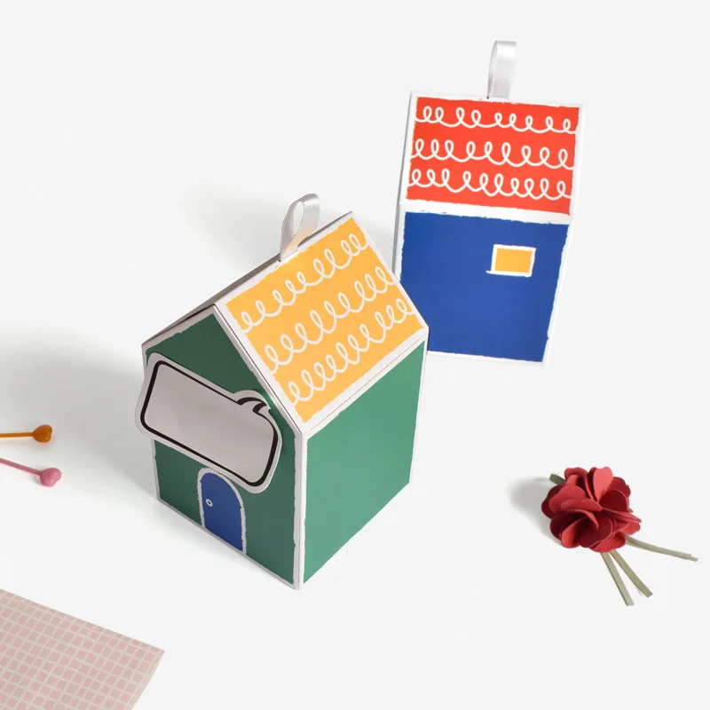 

5PCS Gift Box Colorful Houses Shape Cookies Dessert Candy Box Packaging Box Lovely With Ribbon Wedding Birthday Party Supplies