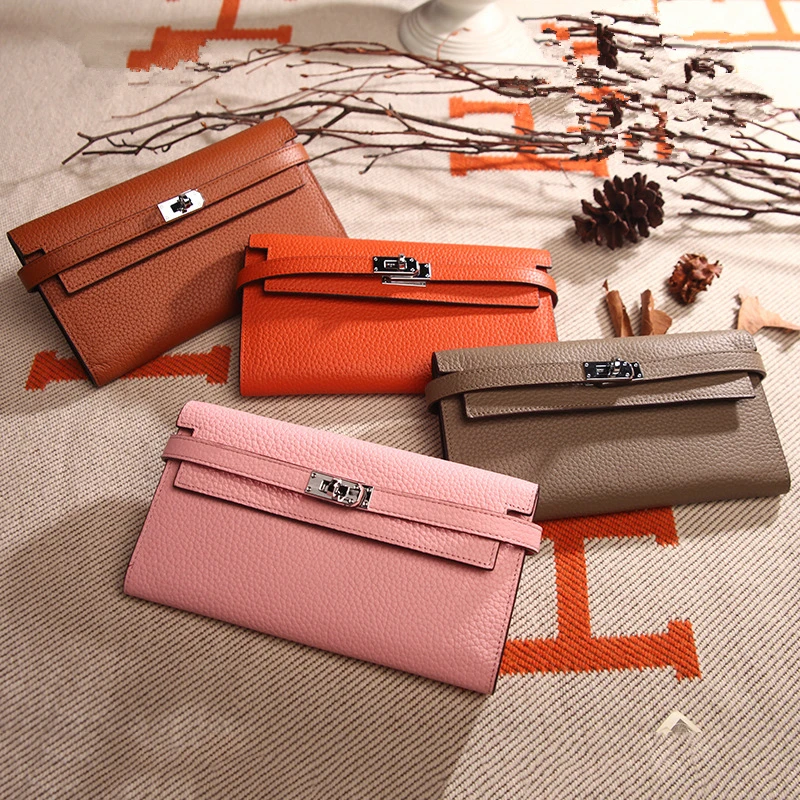 

Brand Genuine Leather Wallet Women Cowhide Leather Luxury Designer Wallets Metal Lock Clutch Purse Party Wallet Card Holder 2021