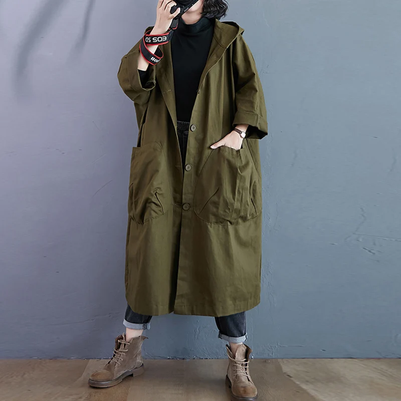 

Autumn 2021 Oversized Loose Hooded Women Coat Single Breasted Trench Coat Big Pocket Female Windbreaker Outwear Abrigos Mujer