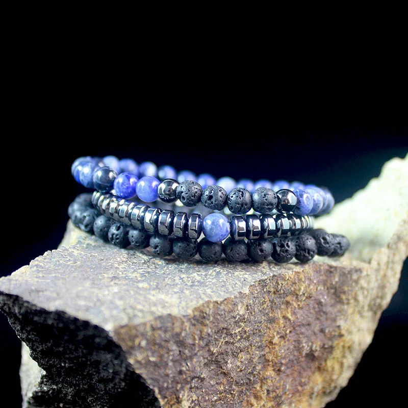 3 шт комбо синий натуральный камень Лава гематит браслет для мужчин и женщин