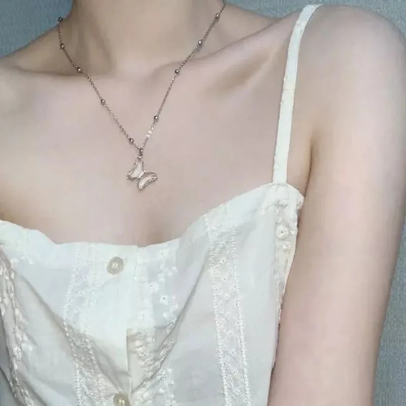 

Hot Sale Stainless Steel Fairy Transparent Butterfly Pendant Pearl Clavicle Neck Chain Necklaces For Women Girls Friends Jewelry