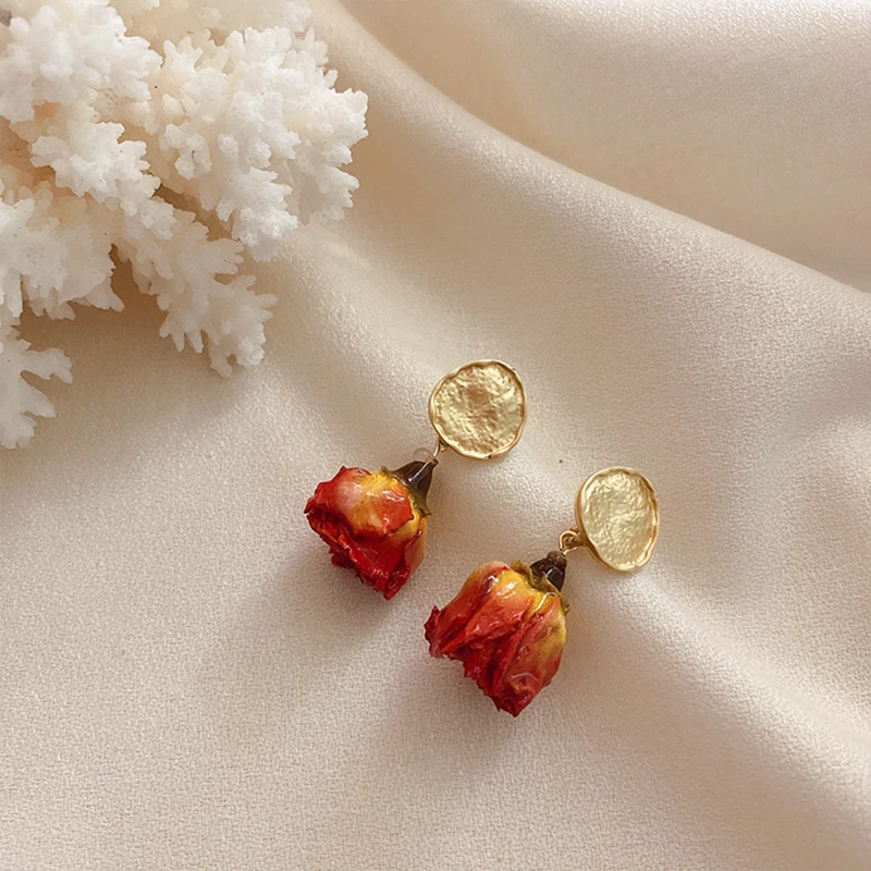 

Retro Handmade Eternal Rose Dried Real Flower Earrings New Design Fashion Jewelry for Women Natural Rose Petal Drop Earring 2020