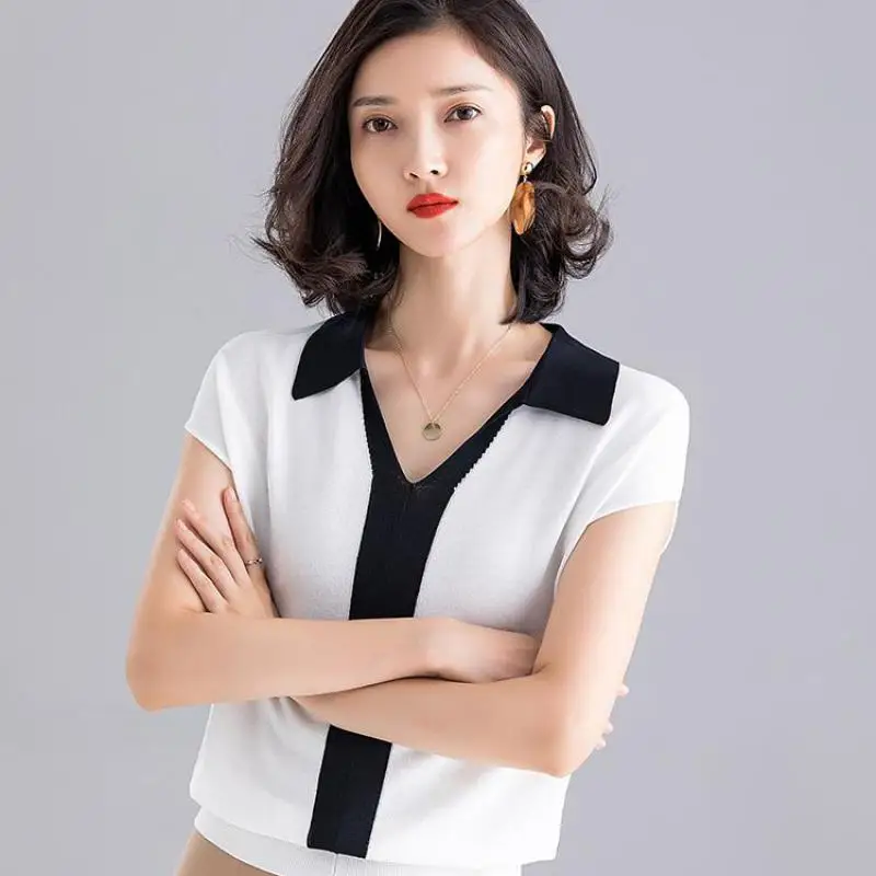 Summer Autumn Office Lady Knitted Sweater Turn-down Collar 3 Color Fashion Pullover Patchwork Size S-xl Women | Женская одежда