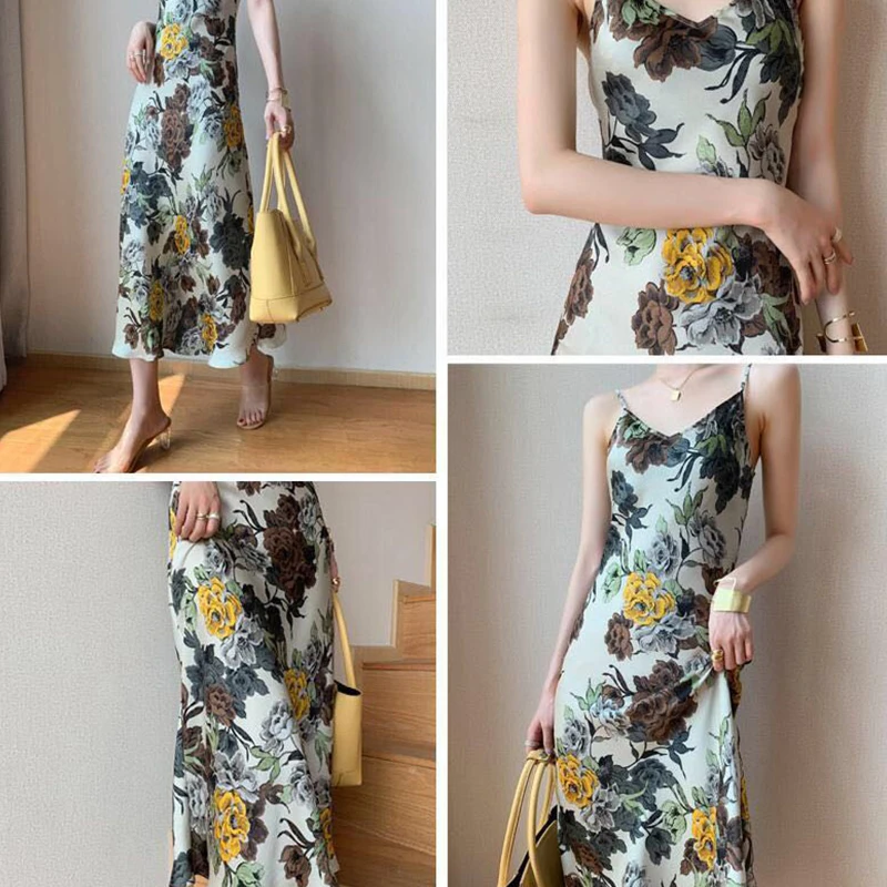 

Bohemian Floral Print Dress Bodycon Woman Mid-Long Dresses 2021 Summer Spaghetti Strap Dress Elegant Backless Dresses for Women