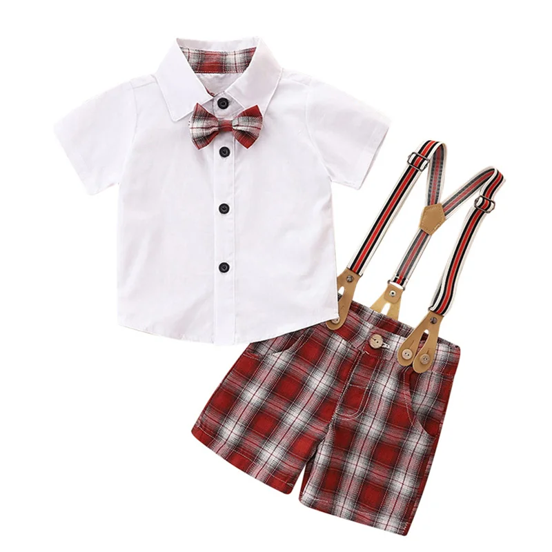 

Pudcoco 6M-4Y 2Pcs Baby Boys Girls Infant Kids Toddler Bow Lapel Button Short Sleeve Shirt Tops+Overall Plaid Trouser Outfit Set