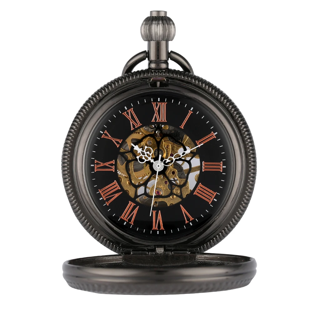 Transparent Glass Manual Mechanical Pocket Watch Rose Gold Roman Numerals Display Hand Winding Pocket Pendant Retro Clock Gifts